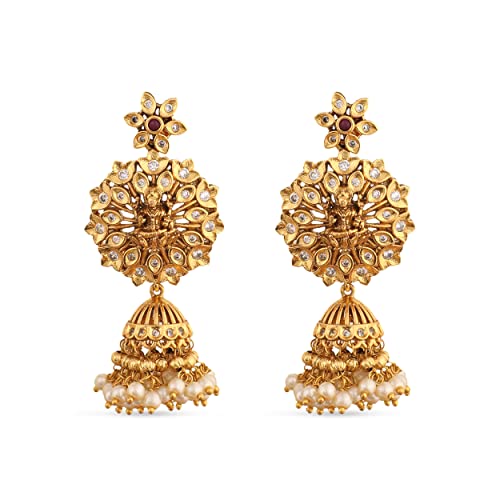 TARINIKA Brass Indian Choker Necklace Set - Gold Plated Cubic Zirconia Indian Jewelry Sets for Women Dangle, Drop, Jhumka Earrings Traditional Desi Necklace Pearls Gift for her - style: Anusri Antique(White Red)