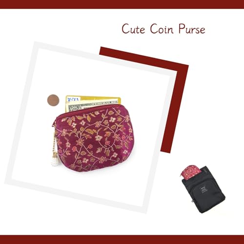 Handmade Women Coin Purse Rosary Pouch Silk Jewelry Bag Brocade Zipper Wallet - Maroon - color: Maroon