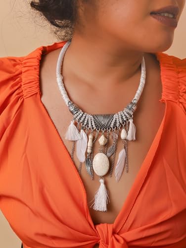 MINACHI Bohemian Feather Tassel Necklace, Irregular Stone Beads, Retro Exotic Pattern, Women's Jewelry - style: Necklace SL13-014