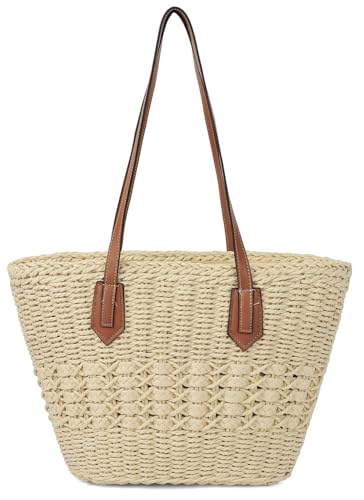 Women's Straw Shoulder Bag Large Rattan Woven Totes Summer Travel Beach Handbag Handmade Top Handle Purse - color: Beige
