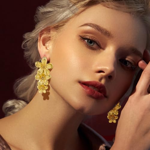 Gold Statement Earrings For Women 18K Gold Plated Sectored Flower Leaf Shell Angel Wing Earring Large Stud Earrings Hypoallergenic Stud - color: Long flower earrings