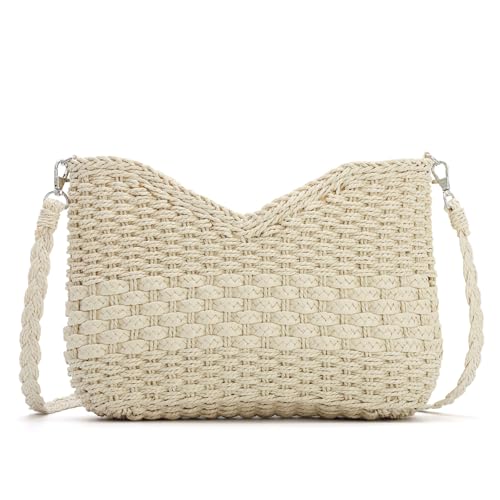 KUANG! Handmade Woven Shoulder Bag for Women Summer Beach Straw Purse Crossbody Handbag with Strap - color: Beige