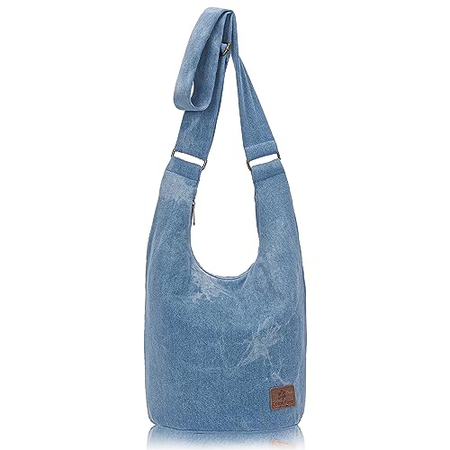 Coton Pose Women Hippie Crossbody Bag - Top Zip Large Capacity Canvas Sling Bag - Jacquard Cloth Handmade - color: Denim Blue