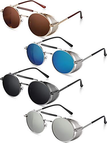 4 Pairs Steampunk Sunglasses Retro Gothic Sunglasses Unisex Vintage Glasses - color: Black Frame Grey Lens, Silver Frame Silver Lens, Silver Frame Ice Blue Lens, Brown Frame Brown Lens