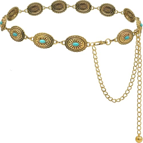 Women's Concho Chain Belt Western Cowgirl Metal Waist Chain Belt for Dress - color: B Gold, size: M: 47.2 in