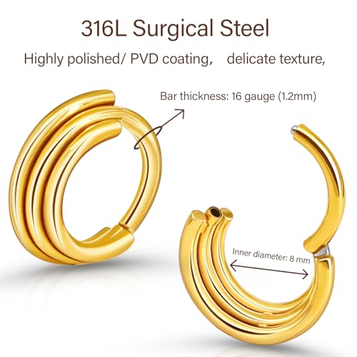 16g 18g Surgical Steel Cartilage Hoops with Chains Designs 6mm 8mm 10mm 12mm Gold Hinged Nose Ring Hoop Segment Ring Clicker Septum Ring Daith Helix Conch Rook Piercing Jewelry - style: Gold 16G 8mm Triple Stacked