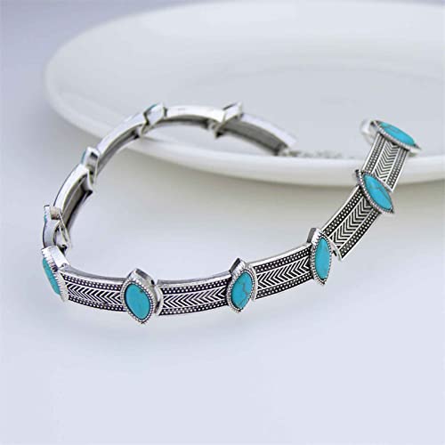 Vintage Turquoise Choker Necklace Silver Oval Turquoise Necklace Station Turquoise Bead Necklace Metal Chain Collar Necklace Jewelry for Women