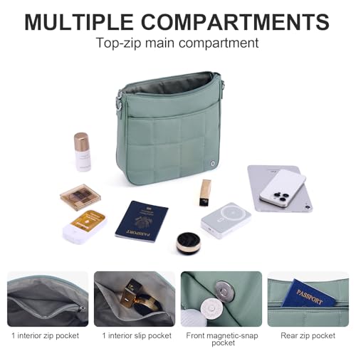 Anti Theft Crossbody Bags for Women,Quilted Puffer Travel Purses Shoulder Hobo Bag Handbag with Guitar Strap - color: Green