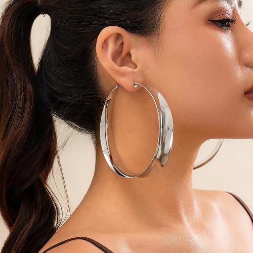 Chunky Gold Silver Hoop Earrings for Women Wide Flat Huggie Hoops Dangle Earrings Big Large Punk Smooth Surface Statement Earrings Fashion Jewelry - color: B Silver