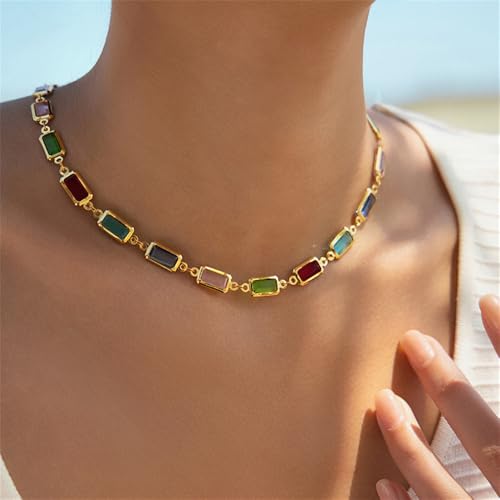 Dainty Colorful Glass Beaded Gold-Tone Choker Necklaces for Women Trendy Rectangular Clavicle Chain Adjustable Multicolor Handmade Gemstone Rainbow Bead Link Boho Y2k Statement Jewelry Party Prom - color: Colorful