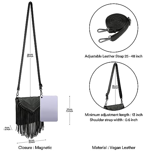HDE Women's PU Leather Hobo Fringe Crossbody Tassel Purse Vintage Small Flap Envelope Handbag Western Sling Shoulder Bag - color: Black