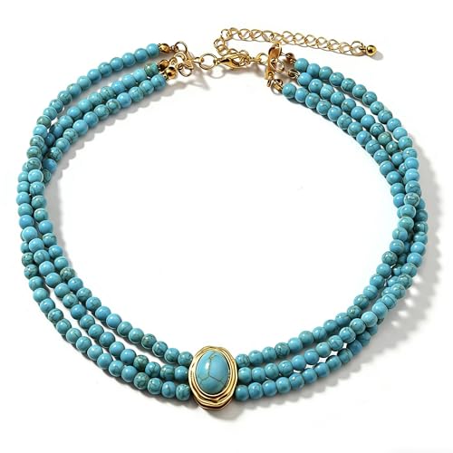 SukAmi Turquoise Choker Necklace Women 3 Layers Necklace Multi Strands Necklace 20s Turquoise Bib Pendant Necklace Choker Party Jewelry Christmas Gift 35+7cm