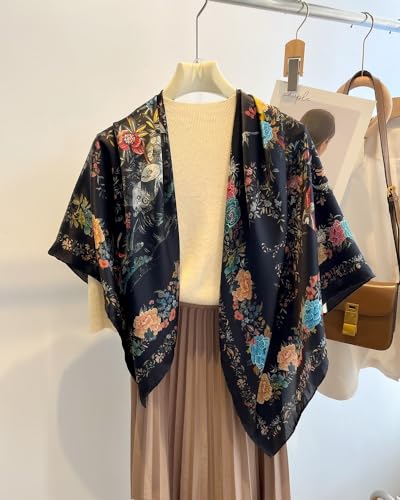 100% Pure Mulberry Silk Scarf 43”*43” Large Square Lightweight Headscarf Women’s Hair Wraps Shawls with Gift Packed - color: Black Flower