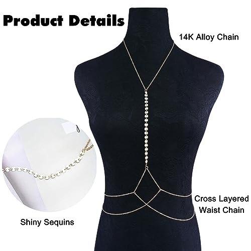 14K Gold Plated Sexy Body Chains for Women, Layered Rhinestone Crossover Bikini Bra Body Jewelry, Summer Beach Crystal Belly Waist Chain - style: Sequins(Gold)