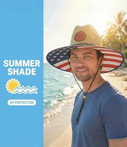 2 Pack Unisex Lifeguard Hat with Wide Brim-Lightweight & Breathable Beach Hat for Sun Protection,Straw Sun Hat for Gardening - color: Black/Patriotic