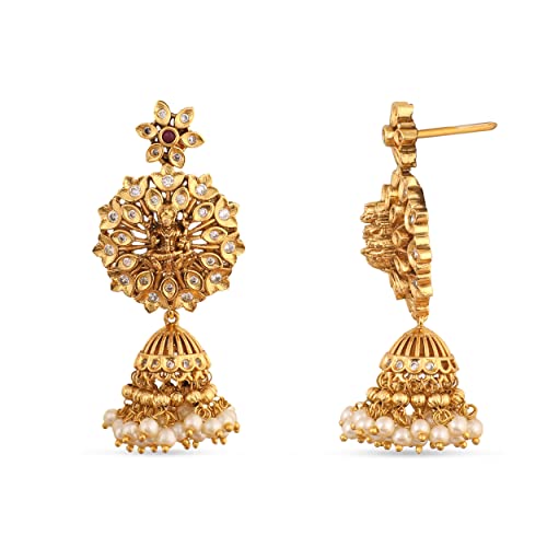 TARINIKA Brass Indian Choker Necklace Set - Gold Plated Cubic Zirconia Indian Jewelry Sets for Women Dangle, Drop, Jhumka Earrings Traditional Desi Necklace Pearls Gift for her - style: Anusri Antique(White Red)