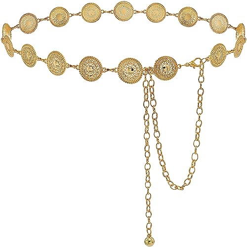 Trendy Women's O-Ring Adjustable Waist Chain - Fashion Accessory for Jeans and Dresses - color: Gold circles, size: L: 53.1 in
