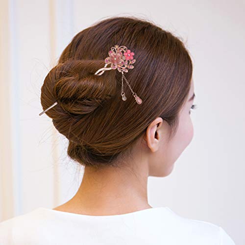 Vintage Twin Flower Hairpin Opal Chinese Hair Stick Decorative Hair Chopsticks for Women Party Casual Accessories - color: Pink