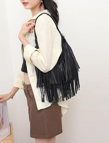 Fringe Hobo Shoulder Bag Vegan Leather Layered Tassel Women Purse Bags | layered tassel - color: Black