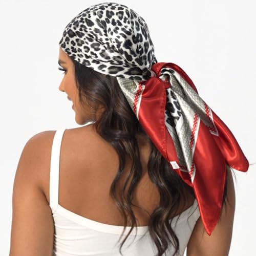 Leopard Print Head Scarf for Women Like Silk Satin Scarf for Hair Wrapping at Night Bandana Square Scarf 35 Inches - color: Red