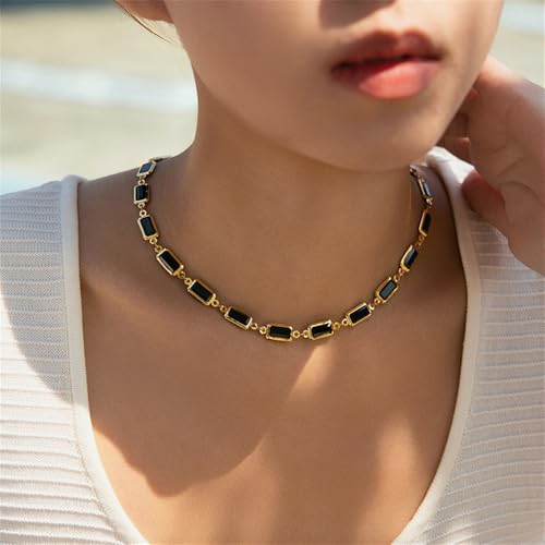 Dainty Colorful Glass Beaded Gold-Tone Choker Necklaces for Women Trendy Rectangular Clavicle Chain Adjustable Multicolor Handmade Gemstone Rainbow Bead Link Boho Y2k Statement Jewelry Party Prom - color: Black