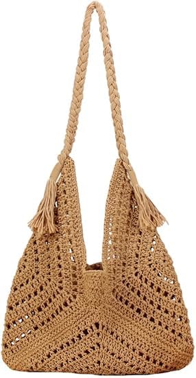 Boho Straw Bags for Women Large Woven Tote Bag Straw Beach Bag Shoulder Bags Purse Handbags Summer Straw Hobo Bag - color: Khaki