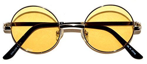 OWL Round Retro Small Circle Tint & Mirror Colored Lens 43-55 mm Sunglasses Metal - color: 43mm Silver / Yellow