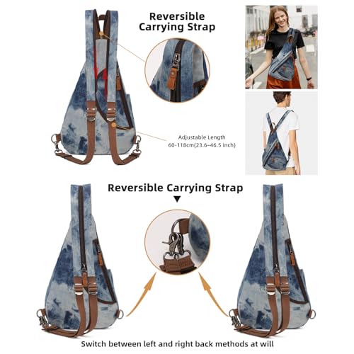 KL928 Canvas Sling Bag - Small Crossbody Backpack Shoulder Casual Daypack Rucksack for Men Women(Blue-white Washed) - color: Canvas-blue-white Washed