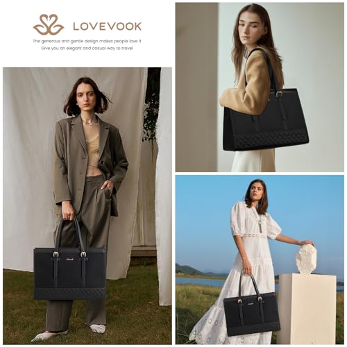 LOVEVOOK Laptop Bag for Women 15.6 inch Canvas Laptop Tote Bag, Large Capacity Work Bag with Clutch Purse, Computer Bag Office Business Briefcase, Casual Handbag for Travel College Teacher School - color: A-black, size: 15.6 inch