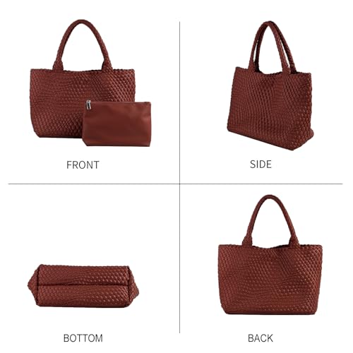 Handmade Woven Bag Satchel Handbag For Women Vegan Leather Tote Bag With Purses Travel Shoulder Bag Underarm Bag - color: Wine Red