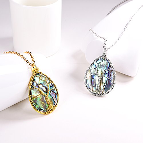 FOCALOOK Stainless Steel Wire Wrapped Tree of Life Abalone Necklaces Handmade Costume Jewelry Long Necklaces for Women (Send Gift Box) - style: 02.Tear Drop Shaped-Gold
