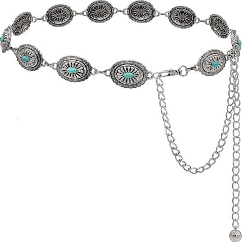 Women's Concho Chain Belt Western Cowgirl Metal Waist Chain Belt for Dress - color: B Silver, size: XL: 59 in