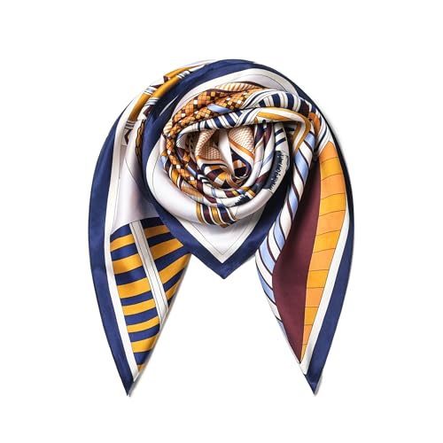 SHIROUYU 100% Pure Mulberry Silk Scarf 35" Large Square Lightweight Headscarf –Women’s Hair Wraps The shawl-With Gift Packed - color: Dark Blue