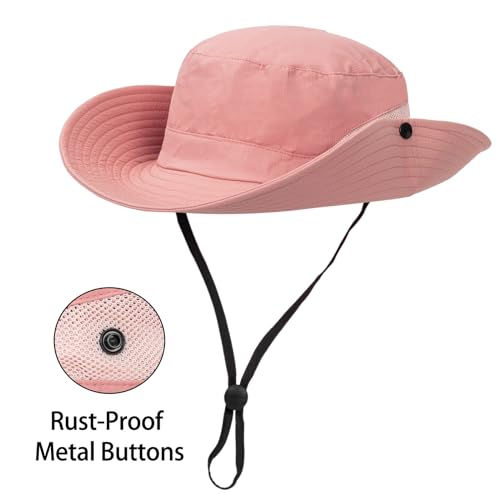Womens Summer Sun Hat Beach Hat Wide Brim Outdoor UV Protection Hat Packable Mesh Bucket Hat with Ponytail Hole - color: Solid Pink