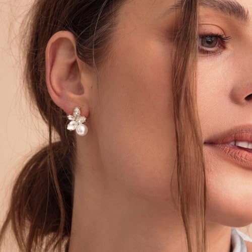 Hayopi Pearl Earrings for Women - Dainty Gold Dangle Drop Earrings, 14k Gold Plated Cute Bow Design, Hypoallergenic Pearl Studs, Wedding Jewelry Gifts - color: GOLD-flower pearl