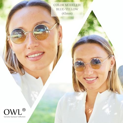 OWL Round Retro Small Circle Tint & Mirror Colored Lens 43-55 mm Sunglasses Metal - color: 43mm Gold / 2tone Blue-pink