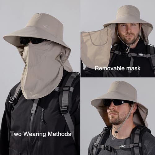 Sun Hat for Men Women with Neck Flap,UPF 50+ UV Protective Hiking Fishing Hats,Wide Brim Sun Hat for Women&Men - color: 1pack-style2-khaki(with Face Cover)