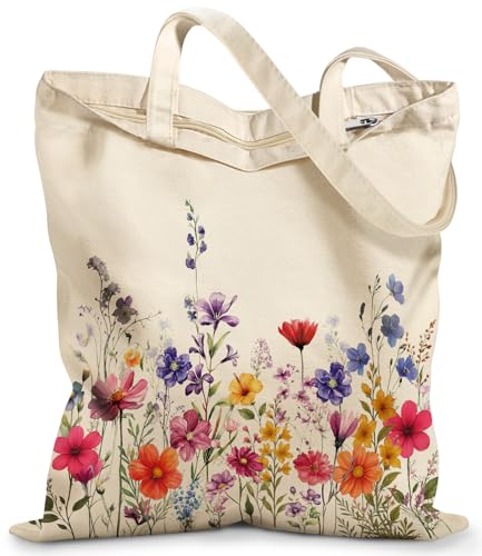 Miss Adola Canvas Tote Bag with Zipper – Cute Canvas Bags for Women Aesthetic Design Reusable Totes for Shopping Work Travel - style: Poppy Bouquet