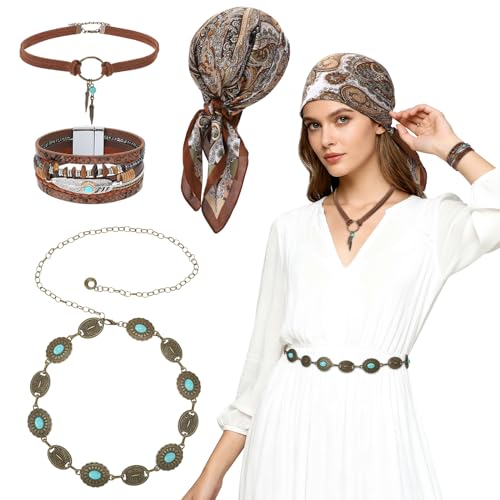 JATEBI 4 Pcs Western Cowgirl Jewelry Set for Women, Boho Turquoise Accessories with Head Scarf, Concho Belt, Necklace, Bracelet for Country Concert