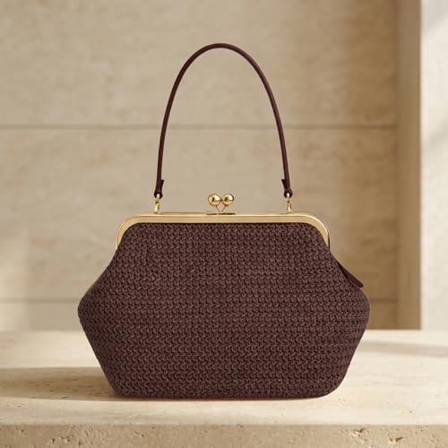Kiss Lock Woven Bag, Large Capacity Straw Rainbow Handbags for Vacation Travel Shopping, Summer Straw Shoulder Bags - color: Style 2