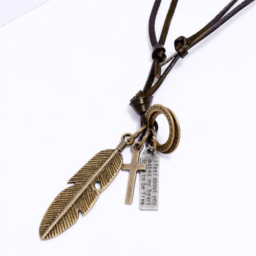 Leather Necklace with Stainless Steel Pendant for Men Women, Vintage Hemp Rope Tribal Choker Necklaces Adjustable 18-30 inch, Clasp-Free Long Necklace - color: Bronze Feather Pendant