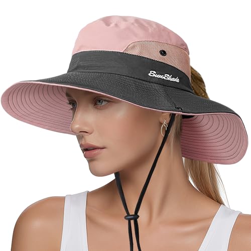 Womens Sun Hat - Sun Hats for Women with Ponytail Hole, Foldable Wide Brim Cooling Mesh Beach Fishing Hat for Outdoor - color: Pink & Grey