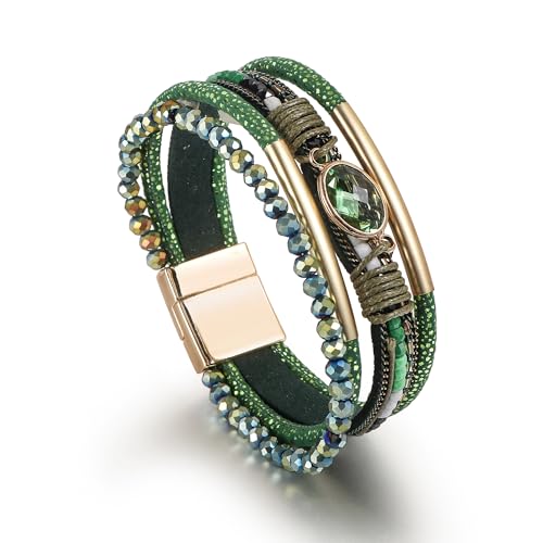 Edoneery Leather Wrap Bracelet for Women, Boho Handmade Multi-Layer Cuff with Crystal Beads Heart, Stackable Bangle Western Jewelry Gift - style: Crystal(Green)