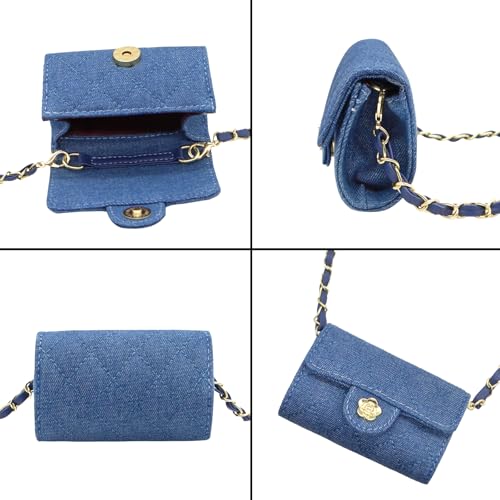 YAMEIZE Mini Denim Chain Belt Bag for Women Quilted Waist Purse Crossbody Fanny Pack Detachable Belt Chain - color: Blue - Mini (4.7x2.7 Inch)
