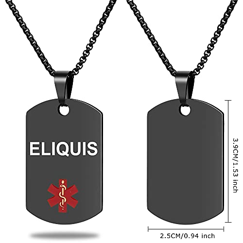 Medical Alert ID Necklace, Laser Engraved ELIQUIS, Stainless Steel Tag Pendant with 23.6 inch Chain for Men Women Emergency First Aid - color: Black, size: ELIQUIS