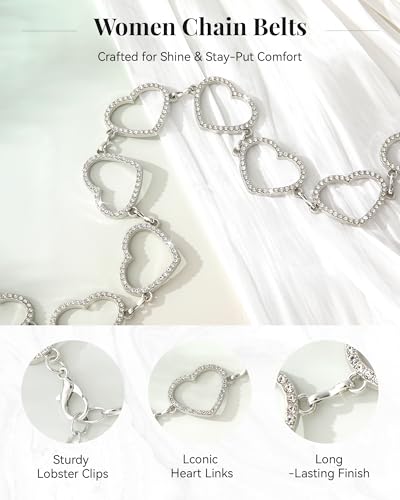 AWAYTR Cute Chain Belts for Women - Metal Waist Chain Belt for Dresses Jeans Country Concert Outfit - color: Silver-heart