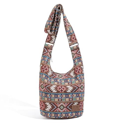 Coton Pose Women Hippie Crossbody Bag - Top Zip Large Capacity Canvas Sling Bag - Jacquard Cloth Handmade - color: Boho Brown