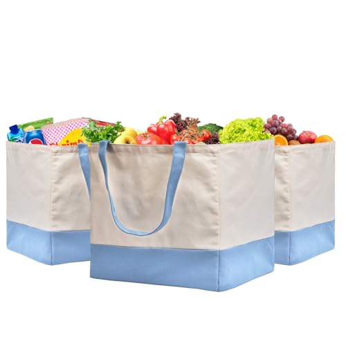 Reusable Grocery Bags Heavy Duty, 8.3 gal Foldable Large Canvas Tote Bag with Handles, Holds 60 lbs Canvas Shopping Bags, 3 Pack（Off White+Light Blue） - color: [A1] Off White / Light Blue, size: 3 Pack