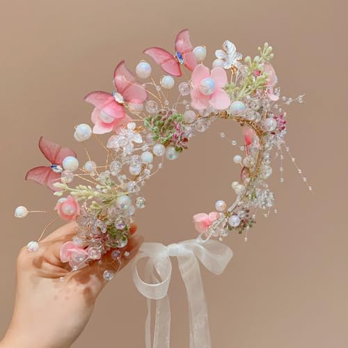 Boho Floral Crown for Women– Adjustable Faux Silk Flower Headband, Handmade Wedding Hair Accessory for Festivals & Photoshoots, Flower Hair Crown for Women (Pink Butterfly, Adjustable) - color: Pink Butterfly