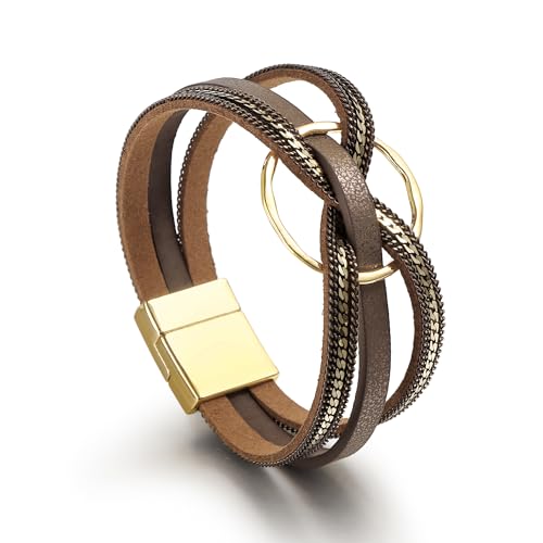 Edoneery Leather Wrap Bracelet for Women, Boho Handmade Multi-Layer Cuff with Crystal Beads Heart, Stackable Bangle Western Jewelry Gift - style: Circle(Brown)